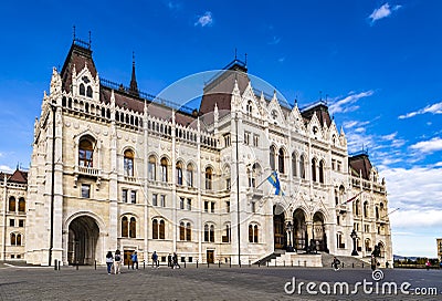 BUDAPEST, HUNGARY - October 10, 2019: Daytime close up view of historical building of Hungarian Parliament in Budapest, Hungary, Editorial Stock Photo