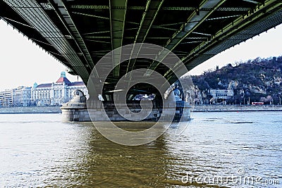 Budapest, Hungary. perspective view of the the underside Liberty of the bridge. the Danube river flooding Stock Photo
