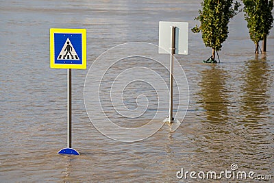 Submerged Road Signs in Flooded Budapest After the Danube Rises Following Storm 'Boris Stock Photo