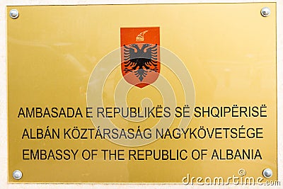 Editorial, Sign plate for the Embassy of Albania Editorial Stock Photo