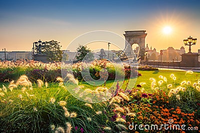 Budapest, Hungary - Sunrise at the Clark Adam Square with the beautiful Chain Bridge Stock Photo