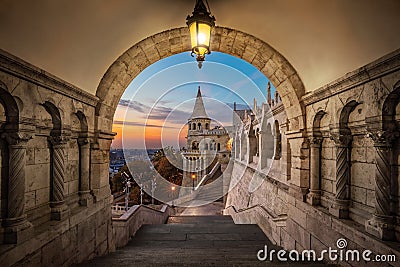 Budapest, Hungary - View on the ancient Fisherman`s Bastion Halaszbastya at sunrise Stock Photo