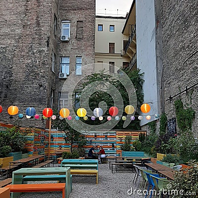 Budapest KaravÃ¡n Street Food court with colorful lanterns Editorial Stock Photo