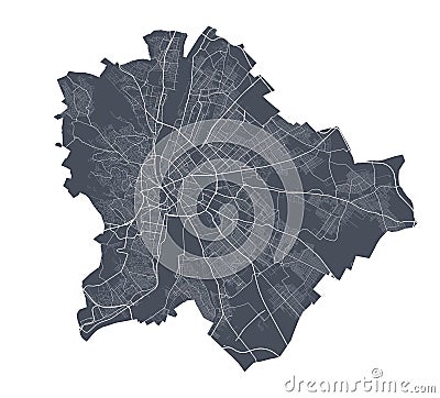 Budapest map. Detailed map of Budapest city poster with streets. Dark vector Vector Illustration