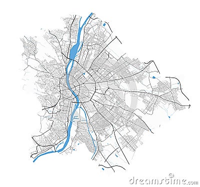 Budapest map. Detailed map of Budapest city poster with streets, water Vector Illustration