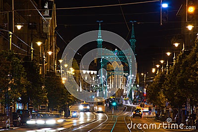 Budapest at night, tram stop in front of the Freedom Bridge Stock Photo