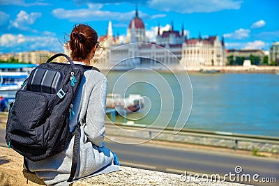 Budapest parliament building young girl traveler Editorial Stock Photo