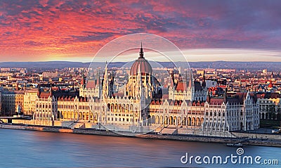 Budapest parliament at dramatic sunrise Stock Photo