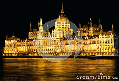 Budapest Parliament Night Shot Stock Photo