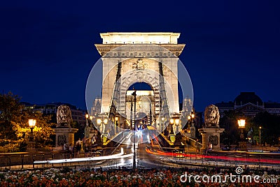 The Budapest SzÃ©chenyi Chain bridge at night Stock Photo