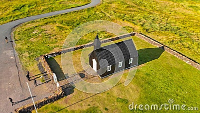 Budavegur, Western Iceland. Aerial view of famous black church of Budir Stock Photo
