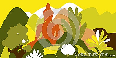 Asian mountain hilly landscape with tropical plants and Buddha statue. Environmental protection ecology. Vector Illustration