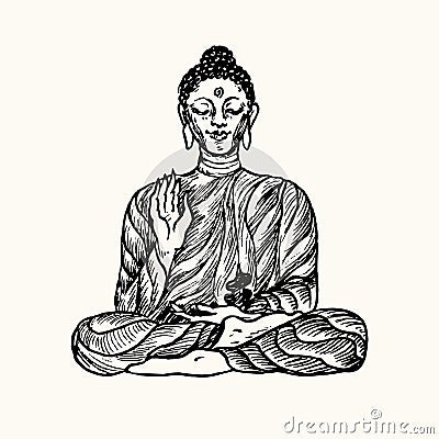 Buddah meditating. Ink black and white doodle drawing Vector Illustration