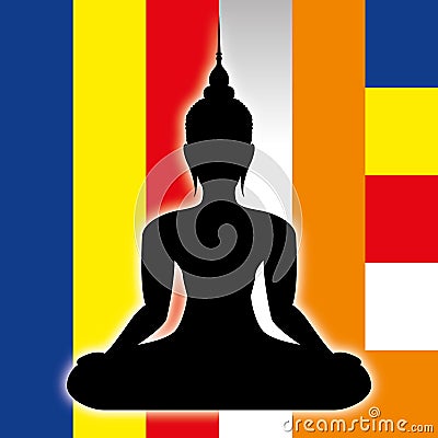 Buddah symbol silhouette and buddist flag Vector Illustration