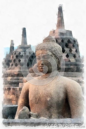 Buddha on the background of Borobudur temple Stock Photo