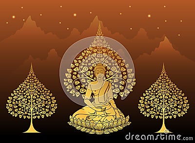 Buddha and Bodhi tree gold color of thai tradition,vesak day Vector Illustration