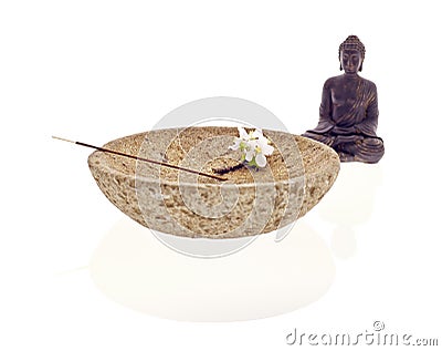 Buddha bowl blossom joss stick Stock Photo