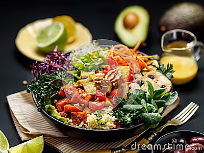 Buddha bowl of mixed vegetables, tofu cheese and groat on a black background. Gourmet and nutritious vegan meal. Stock Photo