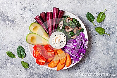Buddha bowl with roasted butternut, hummus, cabbage. Healthy vegetarian appetizer or snack platter. Winter veggies detox lunch Stock Photo