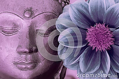 Buddha face and flower. Spiritual meditation and Zen buddhism nature image Stock Photo