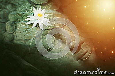 buddha face overlay lotus flower sign of wisdom peaceful and asian mindfulness meditation concept Stock Photo