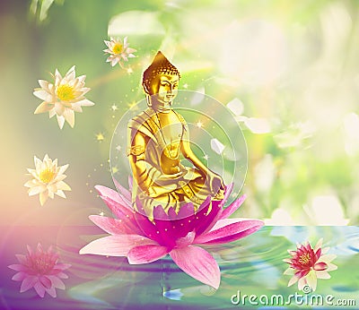 Buddha figure with lotus flowers on water Stock Photo