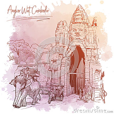 Buddha Gates in Angkor Wat, Cambodia. Linear sketch on a watercolor textured background Vector Illustration