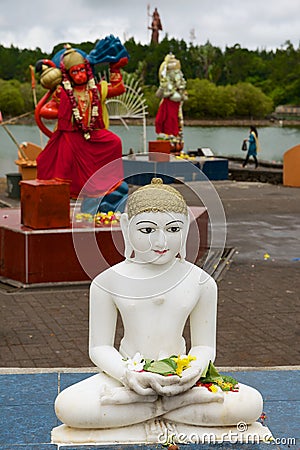 Buddha and gods statues at Ganga Talao Grand Bassin Hindu temple, Mauritius. Editorial Stock Photo