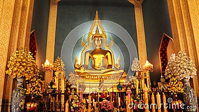 Buddha Gold Statue in church Wat Benchamabophit The Marble Temple Tourism Editorial Stock Photo