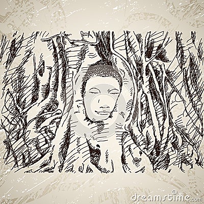 Buddha head in tree roots in Ayutthaya Vector Illustration