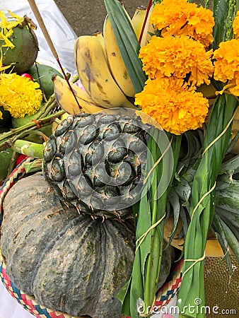 Buddha and hindu fruits offering Stock Photo