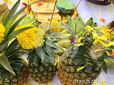 Buddha and hindu fruits offering Stock Photo