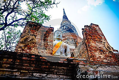 Buddha image with a pagoda at Ayutthaya. Stock Photo