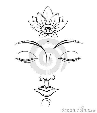Detailed line art drawing of Buddha face with opened lotus flower on his forehead. Spiritual concept. Stock Photo