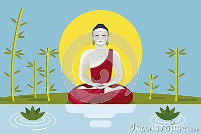 Buddha with Lotus and Bamboo Stock Photo