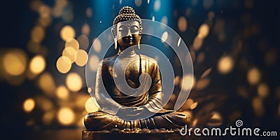 Buddha in a lotus position small statue in dark religious thoughtful environment with bokeh, neural network generated Stock Photo