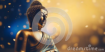 Buddha in a lotus position small statue in dark religious thoughtful environment with bokeh, neural network generated Stock Photo