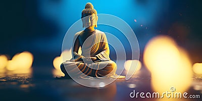 Buddha in a lotus position small statue in dark religious thoughtful environment with bokeh, neural network generated Stock Photo