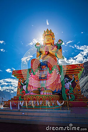 Buddha Maitreya statue in Diskit Gompa. Nubra Valley. Ladakh, In Stock Photo