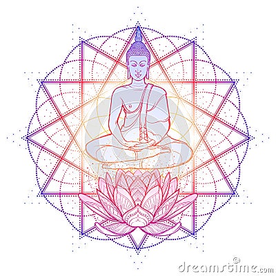 Buddha meditating in the single lotus position. Hexagram representing anahata chakra in yoga on a background. Vector Illustration