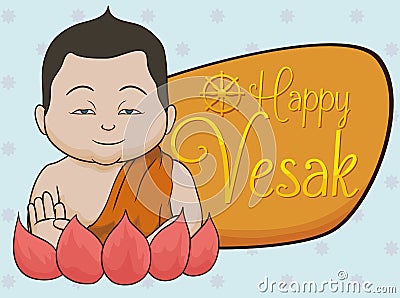 Buddha with Mudrakhya Gesture and Vesak Sign in Lotus, Vector Illustration Vector Illustration