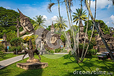 Buddha park Xieng Khouane in Vientiane, Laos. Famous travel tourist landmark of Buddhist stone statues and religious figures Editorial Stock Photo