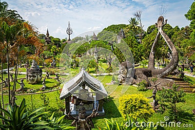 Buddha park Xieng Khouane in Vientiane, Laos. Famous travel tourist landmark of Buddhist stone statues and religious figures Editorial Stock Photo