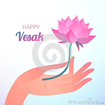 Buddha Purnima or Vesak card. Vector illustration with elegant hand holding lotus flower Vector Illustration