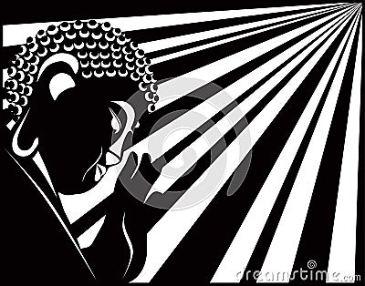 Buddha Raised Hand with Light Rays Black and White vector Illustration Vector Illustration