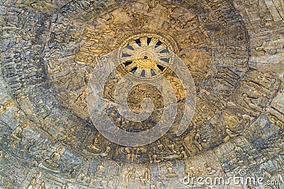 Buddha's biography on a beautiful carve ceiling in wat Dhammamon Stock Photo