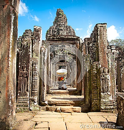 Buddha shrin in Prasat Bayon Temple in Angkor Thom, Cambodia Editorial Stock Photo