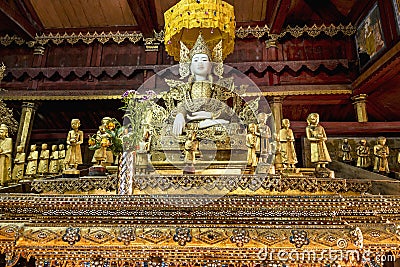 Buddha Shrine - Inside the Nga Phe Kyaung Monastery, Taunggyi, Myanmar (Barma). Stock Photo