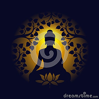 Buddha sit under bodhi tree and lotus sign on circle yellow light and dark background vector design Vector Illustration