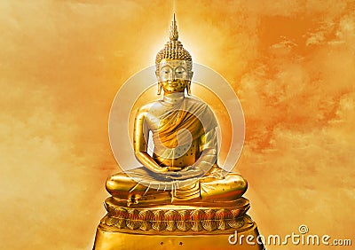 Buddha statue with aura on yellow background Stock Photo